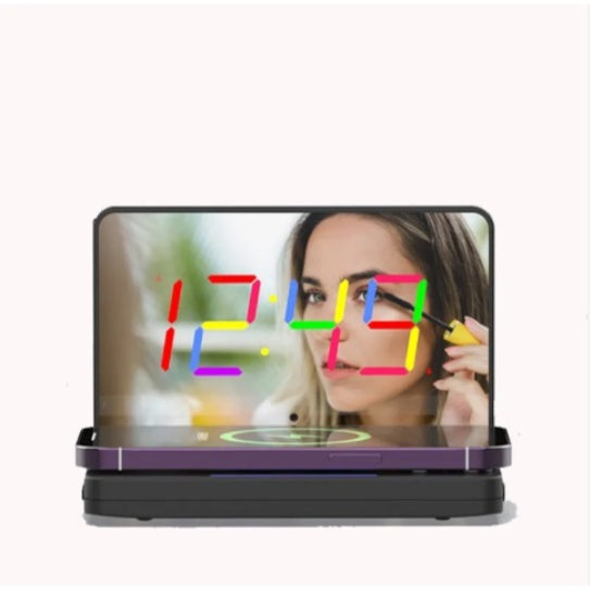 US Local Mirror Digital Alarm Clock Desktop Foldable Wireless Charger Selling Electronic Mirror LED Alarm Clock