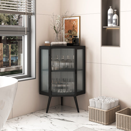 US Local Floor Standing Cone-shaped Cabinet With Tempered Glass Doors And Storage Shelves