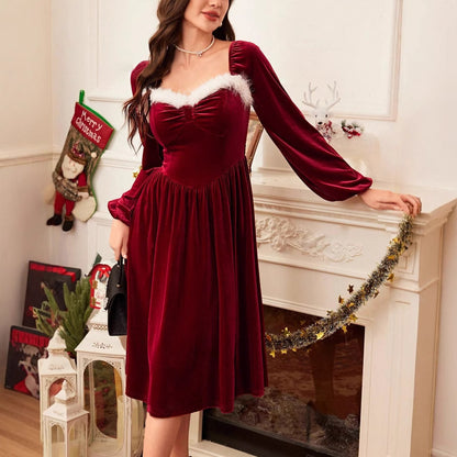 Women's Vintage Christmas Party Long Sleeve Red Dress