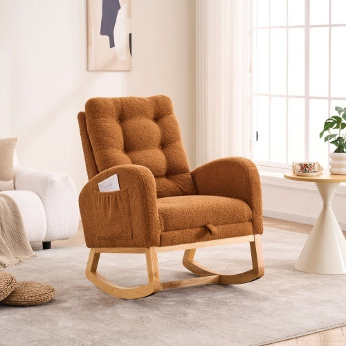 US Local LY-5104 Caramel Accent Rocking Chair With Footrest High Back Rubber Wood Rocking Legs Bedroom Living Space 26.77D X 38.36W X 39.76H Inch
