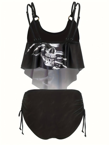 Women's Fashionable And Sexy Tankini Set, With Ruffled Edges And Halloween Skull Print, Two-piece Swimsuit, Vacation Style.