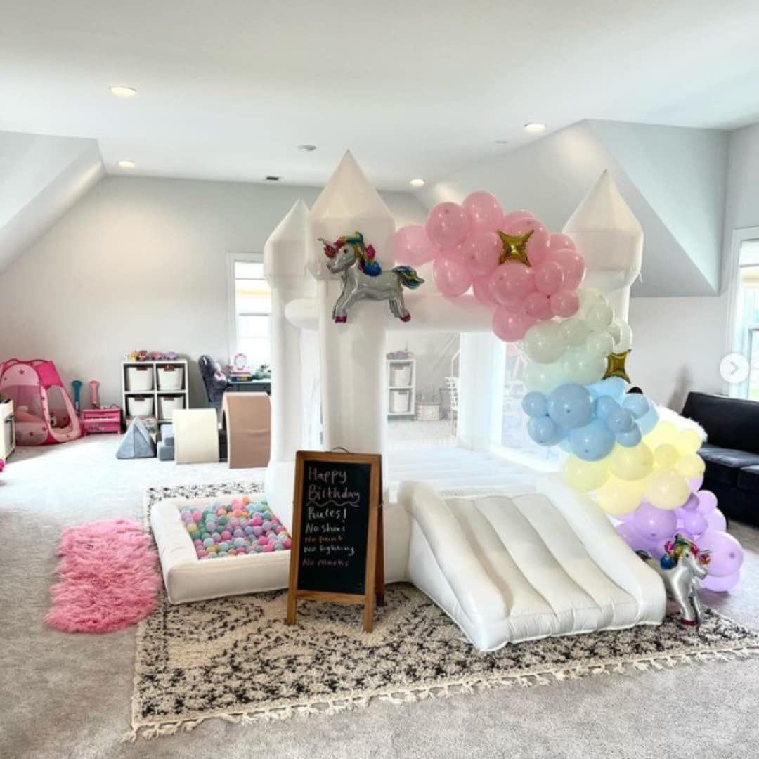 US Local White Bounce House, Castle Theme Kids Inflatable Trampoline With UL Blower, Durable And Easy To Set Up, Safe And Fun For Active Kids