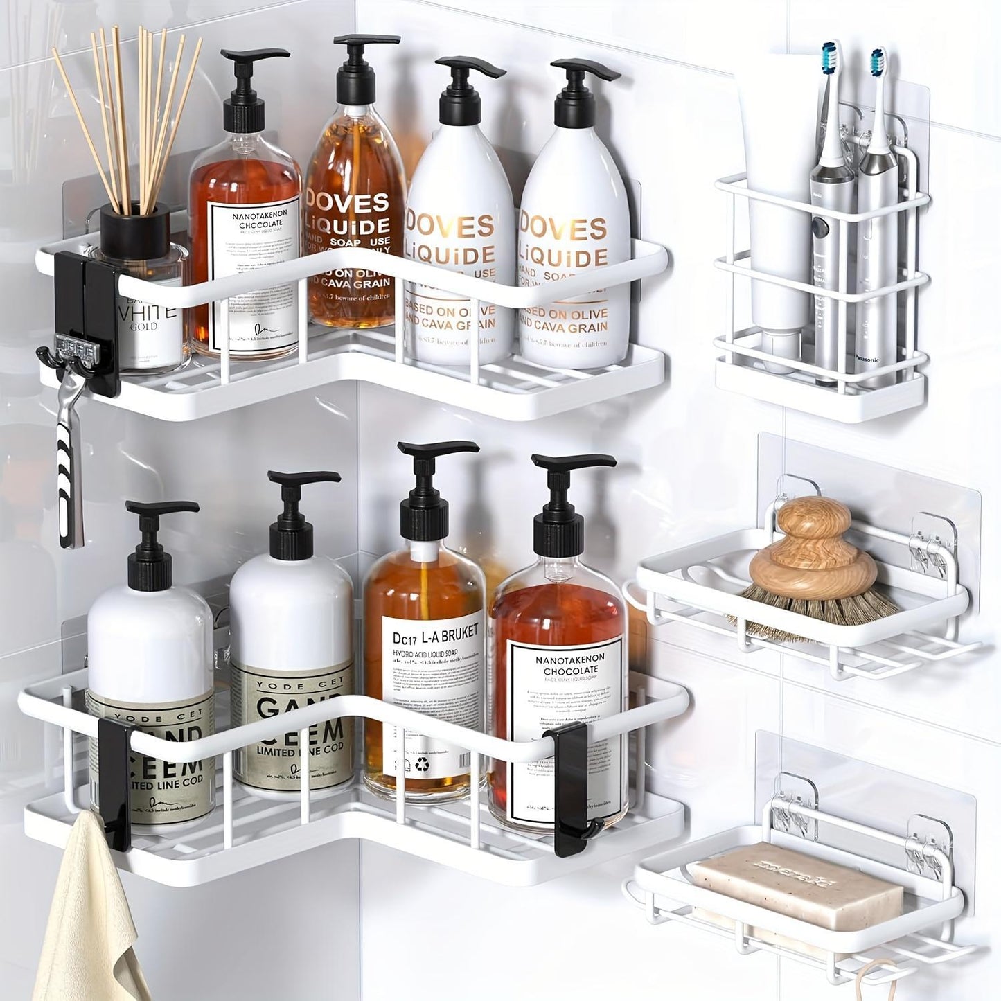 Corner Shower Storage Rack Rust-proof Punch-Free Shower Storage Rack With Soap Holder And Removable Hooks