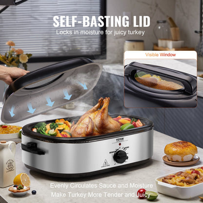 US Local Electric Roaster Oven, 22 QT Turkey Roaster Oven With Self-Basting Lid, 1450W Roaster Oven With Defrost & Warm Function, Adjustable Temp, Removable Pan & Rack, Fits Turkeys Up To 26LBS, Silver