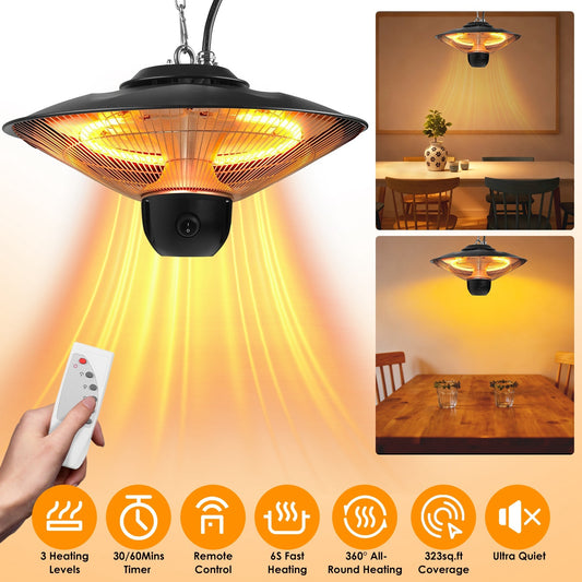 US Local 1500W Outdoor Patio Heater Electric Hanging Heated Ceiling Mounted Heating Lamp IP23 Waterproof With 3 Heating Levels 30Mins 60Mins Timer 2 Remote Control For Garage Balcony Courtyard