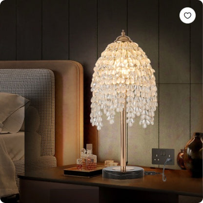 US Local 19  Elegant Crystal Table Lamp   Vintage Waterfall Design With Teardrop Grape Crystal Bead String Shades And Marble Textured Base For Living Room, Bedroom, Or Office  Bulb Not Included
