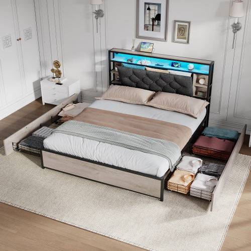 UK Local 4ft6 Double Bed With 4 Storage Drawers, Bed Frame With Concealed Headboard Storage, Button Tufted Headboard With LED Lighting And Charging Station, Vintage Rustic Wooden, Linen, Grey