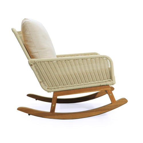 US Local Contemporary Minimalist Ivory Wicker Rocking Chair With Soft Polyester Cushions And Durable Wooden Frame, Perfect For Indoor And Outdoor Spaces Like Patio, Balcony, Or Living Room