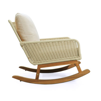 US Local Contemporary Minimalist Ivory Wicker Rocking Chair With Soft Polyester Cushions And Durable Wooden Frame, Perfect For Indoor And Outdoor Spaces Like Patio, Balcony, Or Living Room