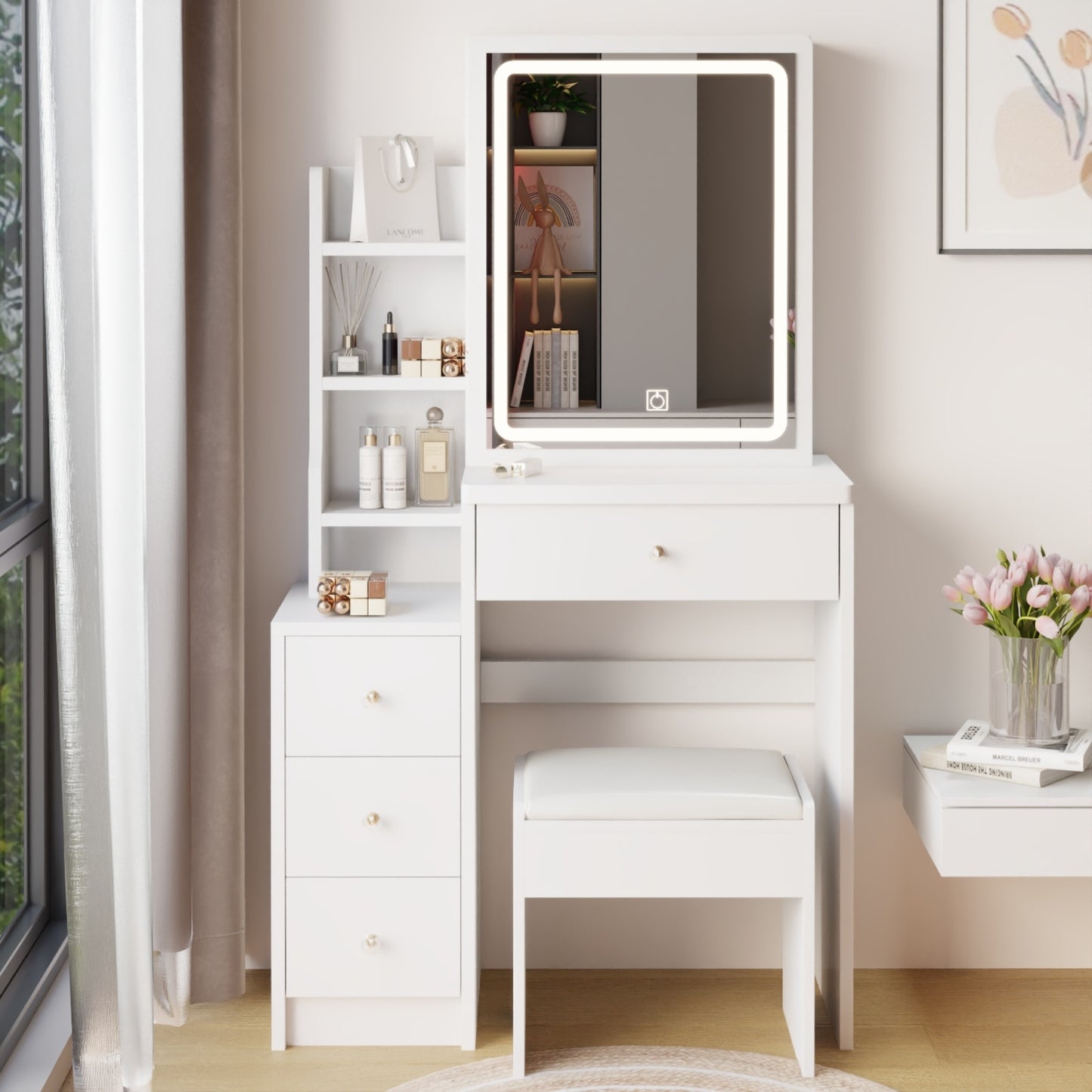 US Local Small Size Left Bedside Cabinet Vanity Table  Cushioned Stool, Extra Large Touch Control Sliding LE