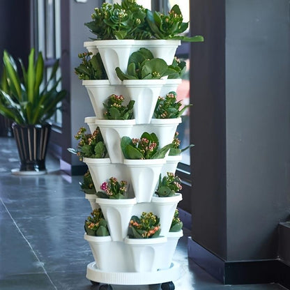 US Local 16 Pieces 5-Layer Stackable Flower Pots Vertical Garden Flowers Herbs Strawberry Vegetables Durable Plastic With Mobile Wheels Indoor And Outdoor Flower Pots