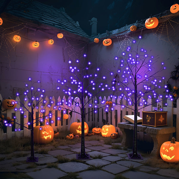 Set Of 3 Halloween Ghost Trees With Purple Lights, 4 Feet, 5 Feet, And 6 Feet, Black Glowing Trees For Halloween Decoration