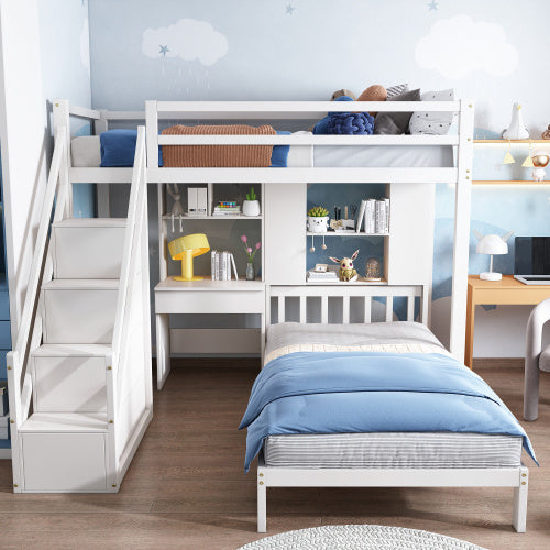 UK Local Wood House Bunk Bed 90x190 Cm,Bunk Bed, Double Bed, Multifunctional Children's Bed, Storage Space Function, With Desk And Shelves, With Slatted Frame, White