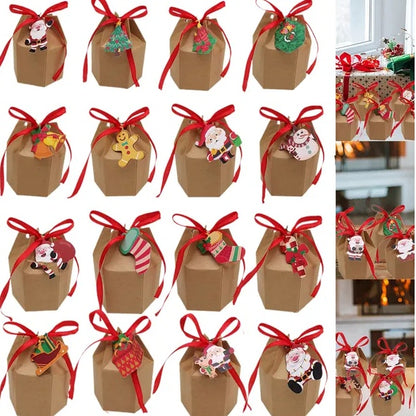 US Local 24 Pcs Christmas Gift Boxes With Ribbon And Cards Cartoon Santa Claus Reindeer Snowman Pattern Box Paper Cookies Candy Treat Boxes For Christmas Party Favor Supplies