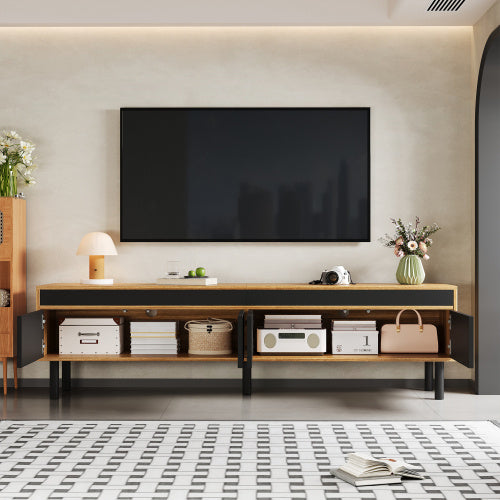 UK Local TV Cabinet, TV Table, TV Panel, Low Cabinet With Four Doors. Fine Texture. Black And Wood Color.