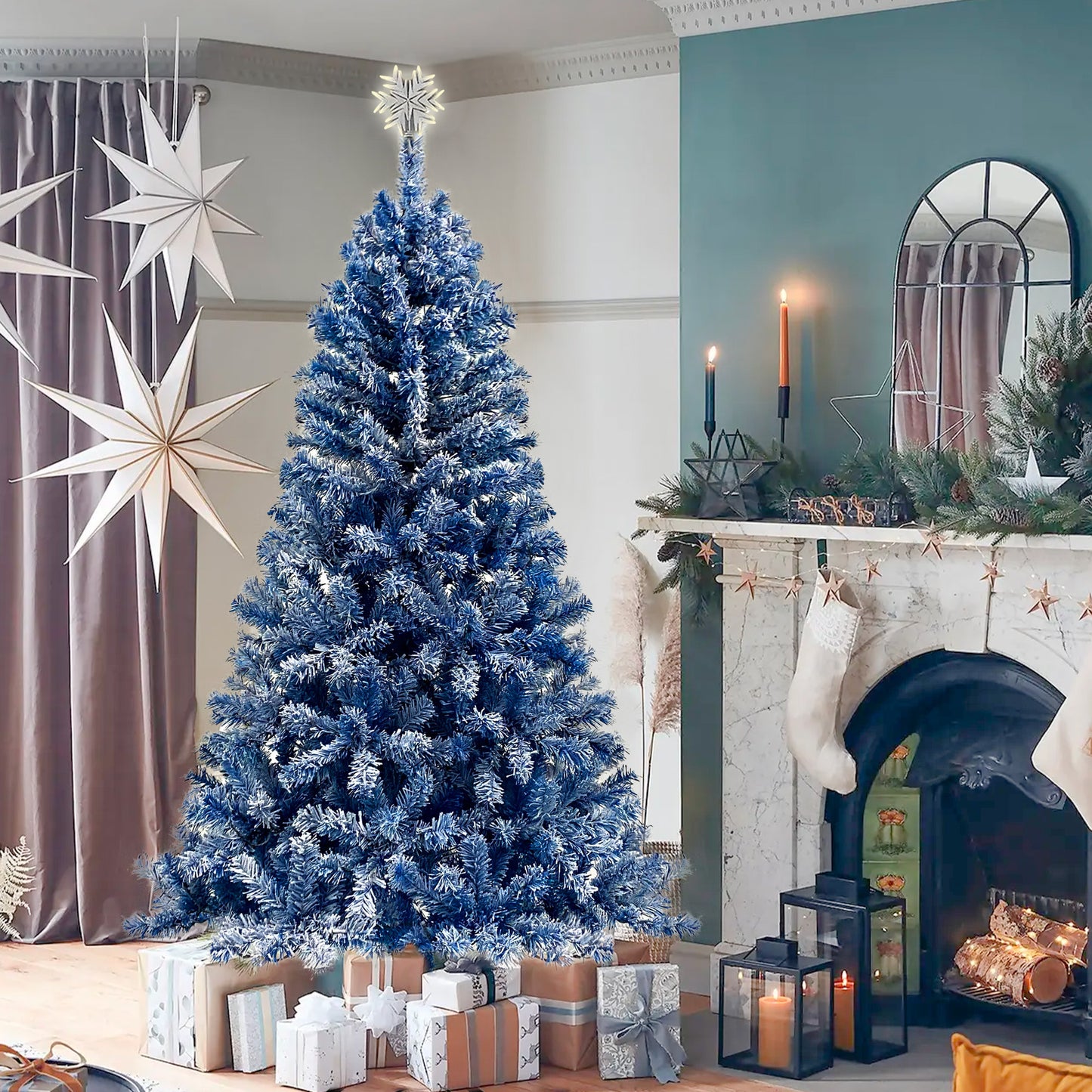 US Local 6 Foot Hinged Artificial Fir Christmas Tree With Pre-installed Lights And Snow Covered Artificial Holiday Christmas Tree