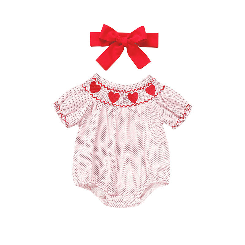 US Local Newborn Baby Girls' Valentine's Day Smocked Romper Short Sleeve Heart Embroidery Jumpsuit Casual Cute Romper
