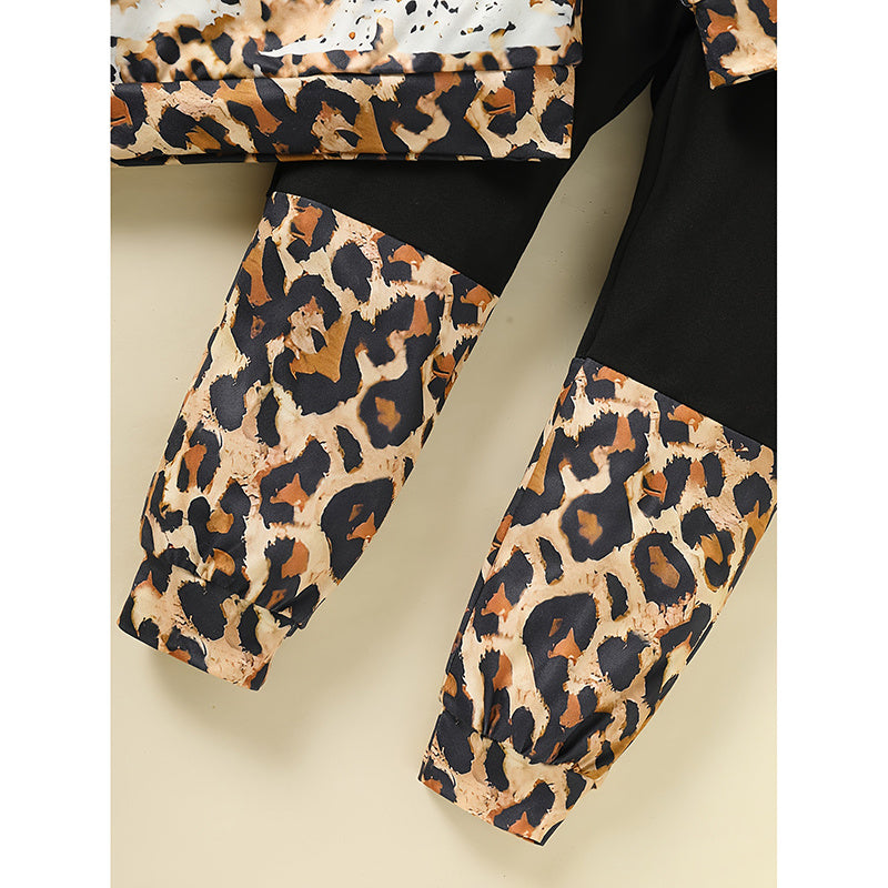 US Local Toddler Girls Fall Winter Outfits Leopard Letter Print Crewneck Long Sleeve Sweatshirt Top & Sweatpant 2 Piece Clothing Set
