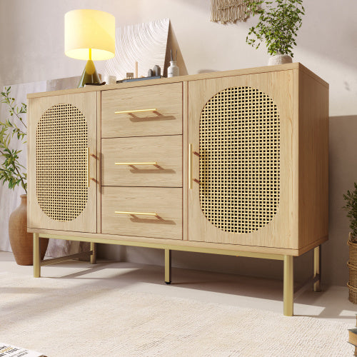 UK Local Rattan Sideboard Storage Cabinet With 2 Doors 3 Drawers, Storage Cabinet For Living Room, Bedroom, And Hallway, Metal Handles, Adjustable Shelves, Anti-Tip, 120 X 40 X 74 Cm, Oak