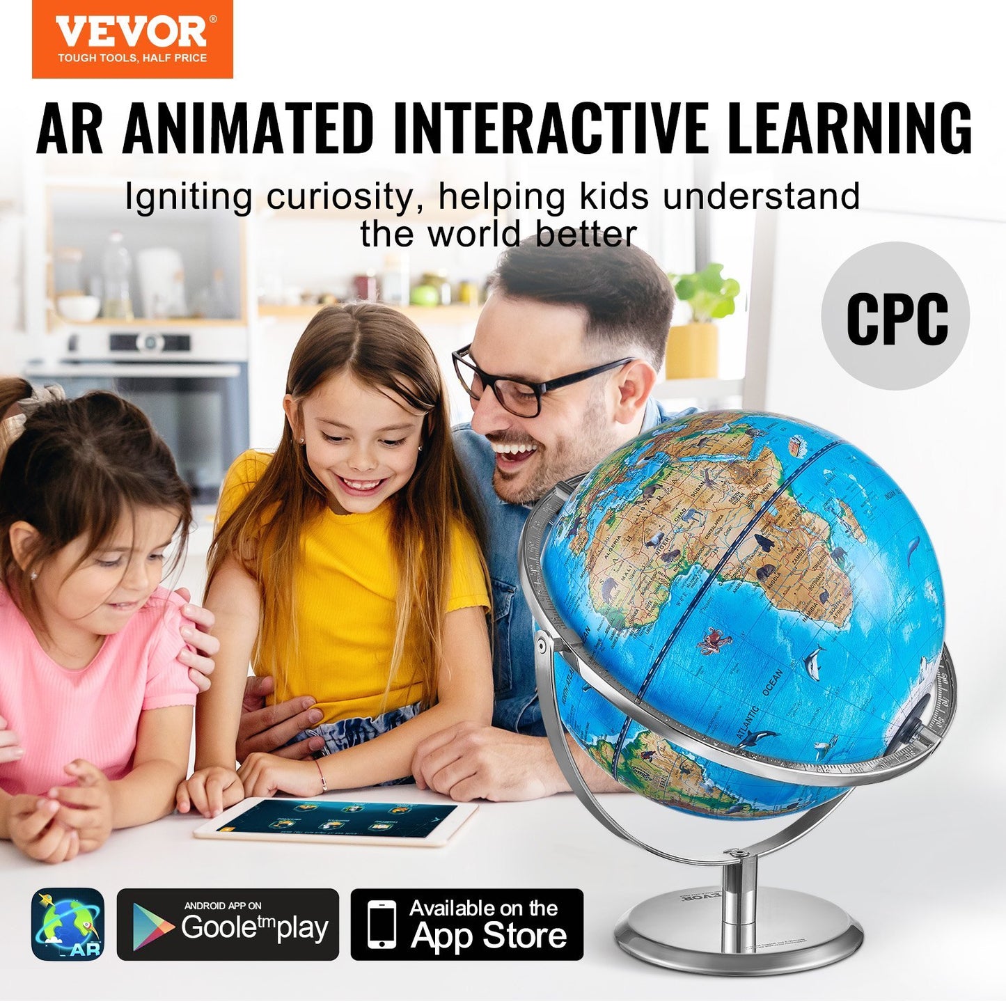 US Local VEVOR Educational Globe For Kids, Interactive AR World Globe With AR Golden Globe APP LED Night Lighting , STEM Toy Gifts For Kids Compatible With Android Or IOS Devices