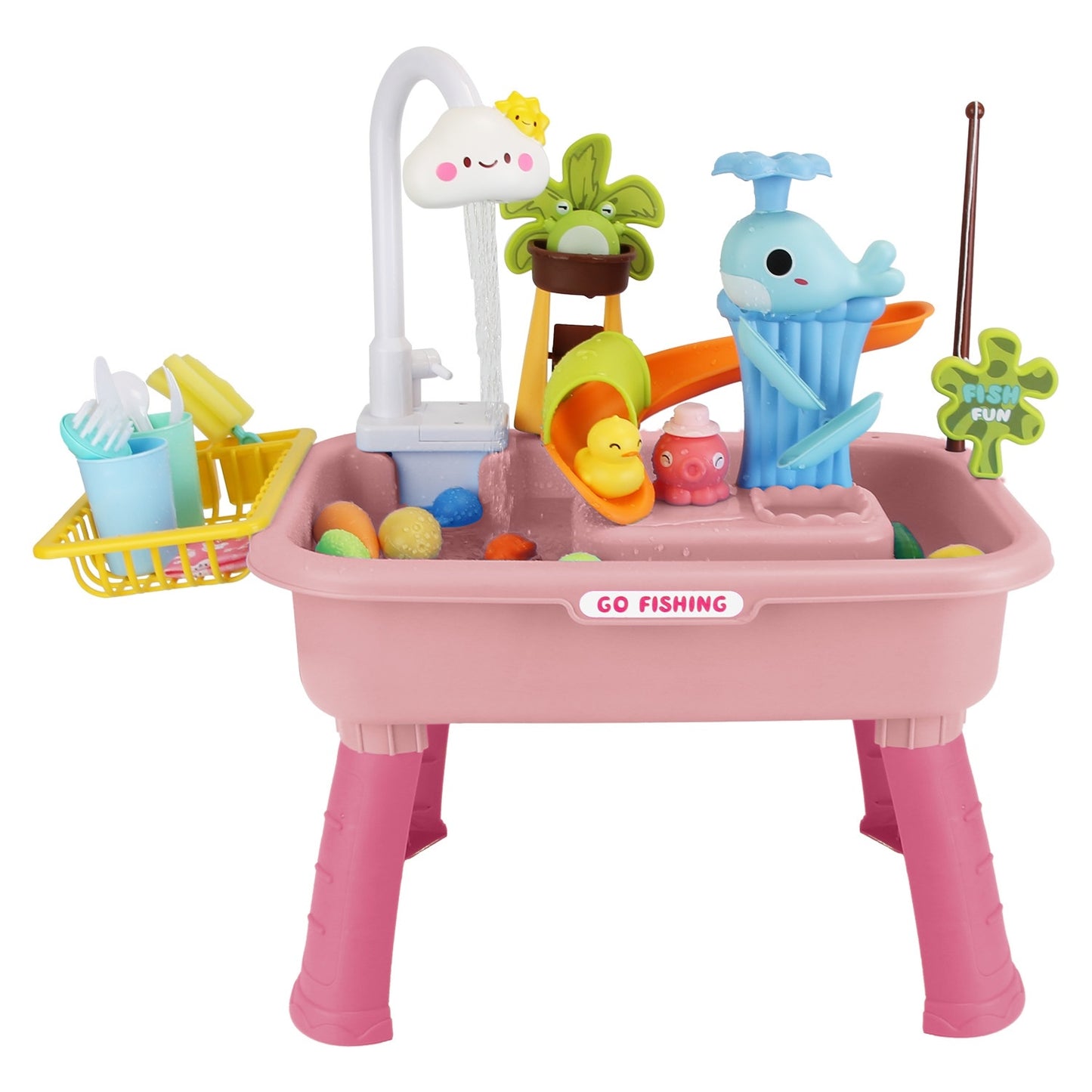 US Local 1Set 3 In 1 Kitchen Sink Toy With Electric Faucet Water Table Fishing Game Role Play Sink Set Indoor Outdoor For Kids Aged 3 Years Old