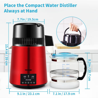 US Local 1.1Gal Water Distiller, 750W Distilled Water Maker Machine 0-99H Timing Dual Temp Display, 304 Stainless Steel Countertop Distiller Glass Carafe Cleaning Powder 3 Carbon Packs, Red