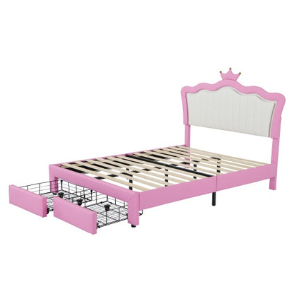 US Local Full Size Upholstered Bed Frame With LED Lights, Modern Upholstered Princess Bed With Crown Headboard, 2 Drawers