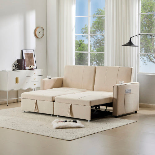 UK Local 207cm King Size Independent Pull Out Sofa Bed, Convertible Fabric Sofa Chair With Cup Holders, Side Pockets, Fabric Loveseat Couch Chaise Lounge For Living Room, Apartment
