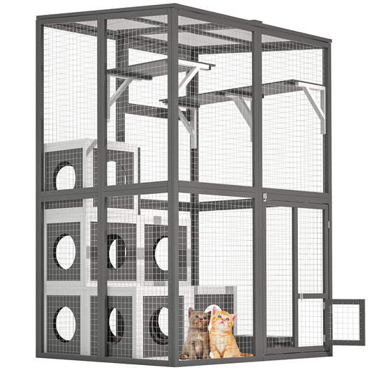 US Local Outdoor Wooden Cat Catio - Large Solid Wood Cat Cage Playpen With 2 Jumping Platforms & 7 Napping Houses, Walk-in Cat Kennel Condo Shelter, Grey