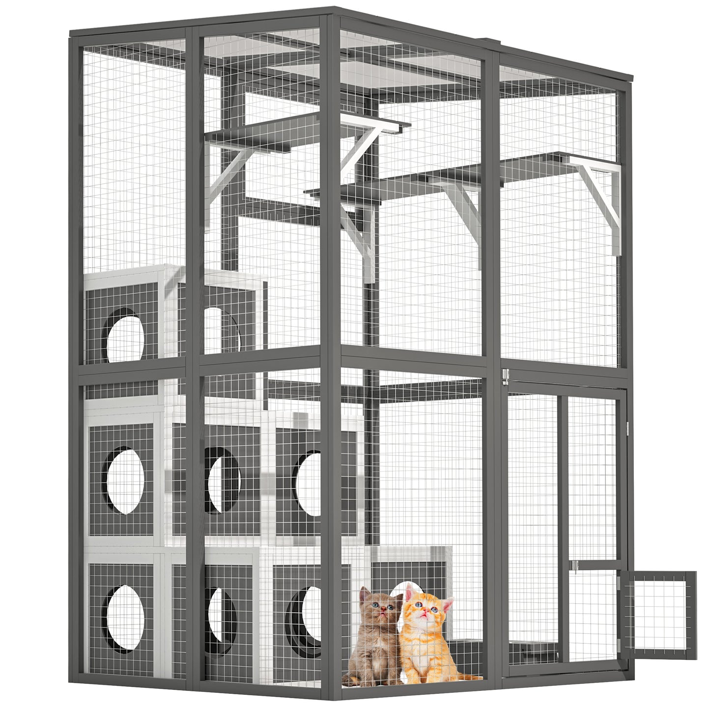 US Local Outdoor Wooden Cat Catio - Large Solid Wood Cat Cage Playpen With 2 Jumping Platforms & 7 Napping Houses, Walk-in Cat Kennel Condo Shelter, Grey