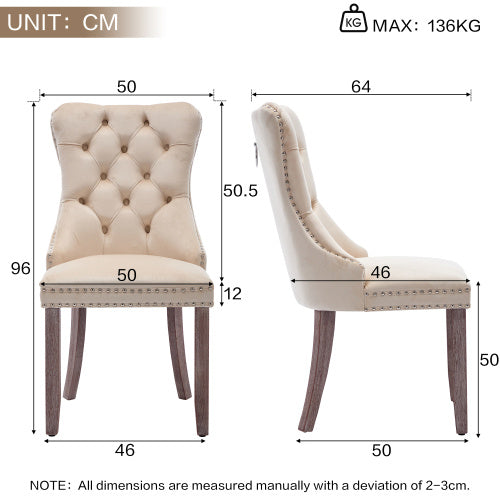 UK Local Modern Set Of 6 Upholstered Velvet Dining Chairs, Button Tufted Kitchen Lounge Chairs With Brushed Wood Legs, Riveted Trim And Knocker Ring, For Dining Room Living Room