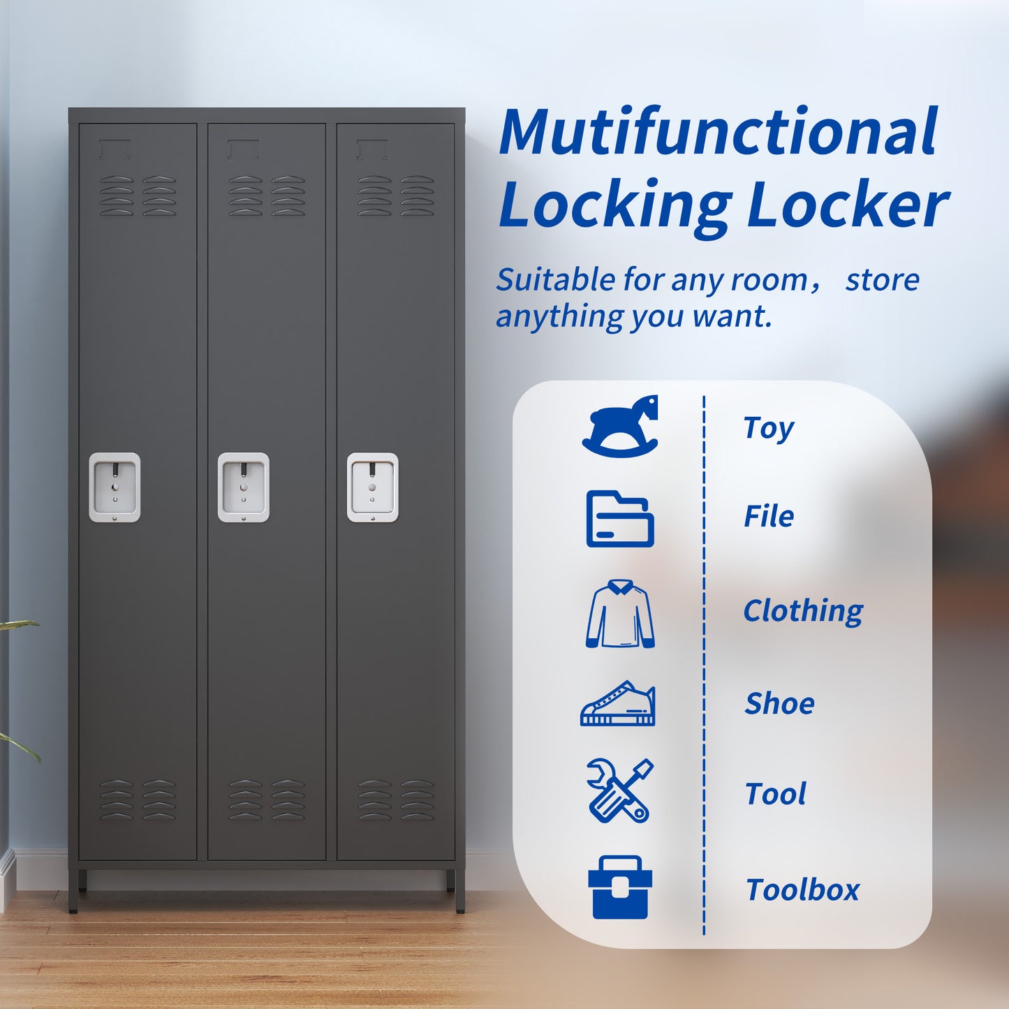 US Local 3 Door Metal Lockers With Lock For Employees,Storage Locker Cabinet  For Home Gym Office School Garage,Black