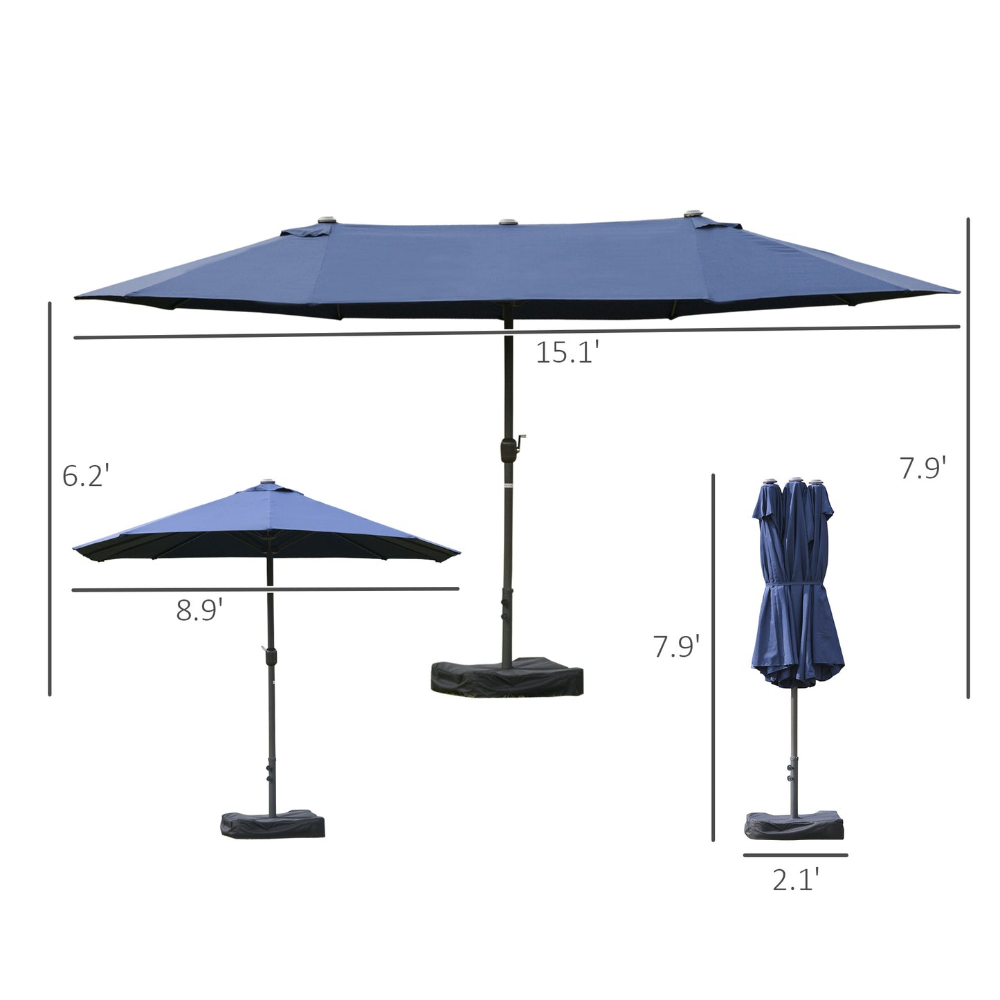 US Local 15ft Double-Sided Patio Umbrella Rust-Resistant Steel Umbrella For Poolside Shade, For Easy Crank Deck, Pool, Patio, Dark Blue