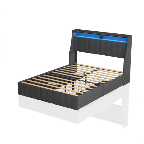 US Local Full Size Bed Frame With LED, 4 Under-bed Portable Storage Drawers, Wings Headboard Design