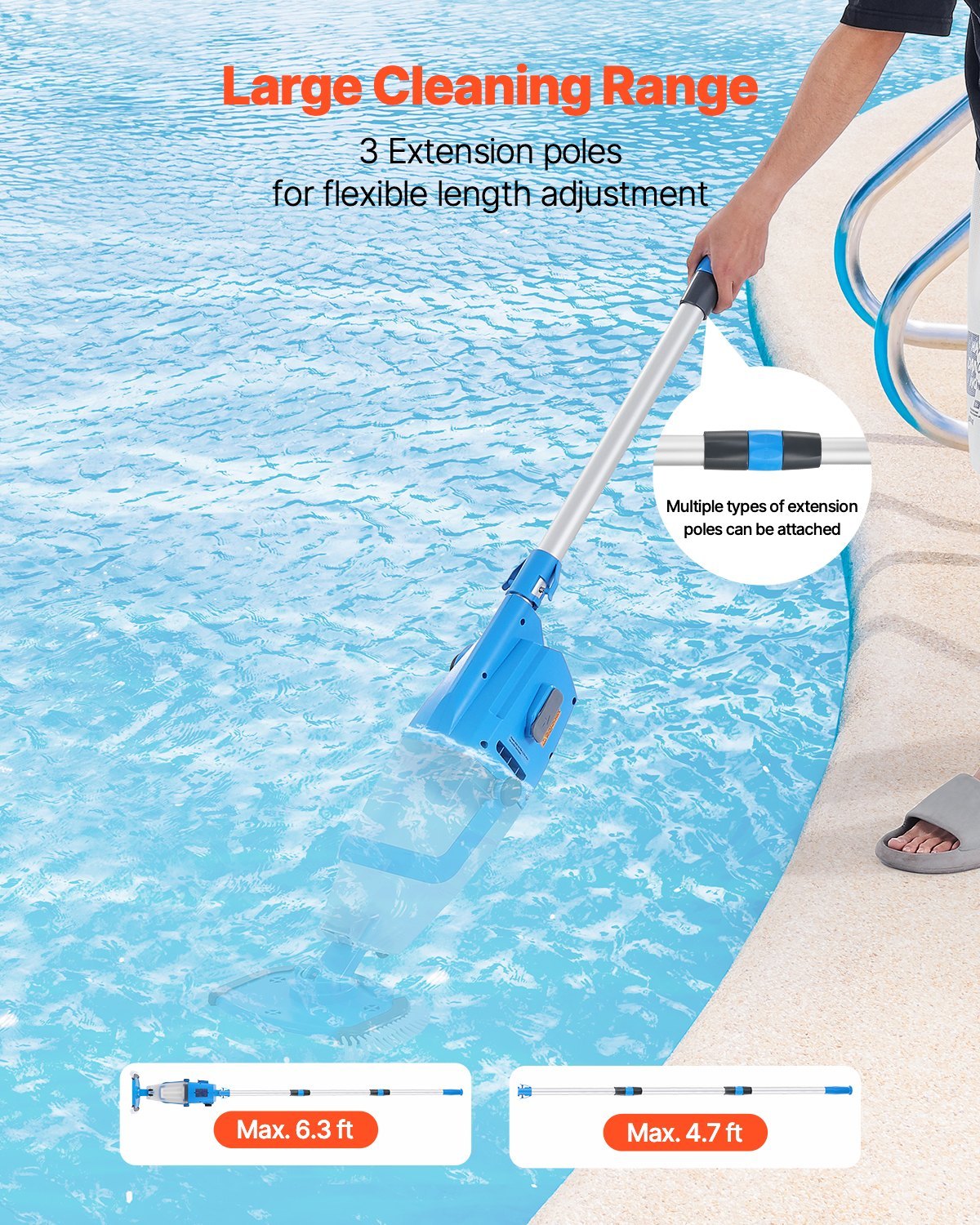 Pool Vacuum, 26 GPM Handheld Cordless Hot Tub Vacuum With Extension Pole, For Deep Cleaning  Strong Suction, Rechargeable Pool Cleaner, Running Up To 1Hour, For Above Ground Inground Pool Spas