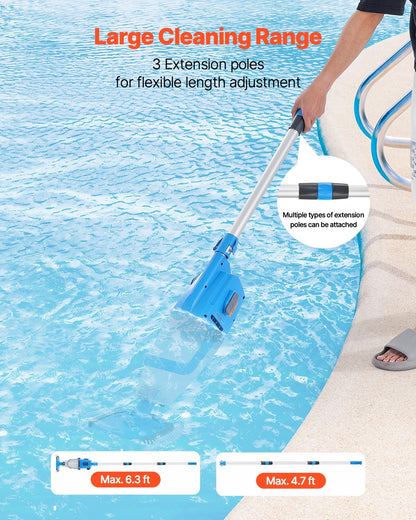 US Local Pool Vacuum, 26 GPM Handheld Cordless Hot Tub Vacuum With Extension Pole, For Deep Cleaning  Strong Suction, Rechargeable Pool Cleaner, Running Up To 1Hour, For Above Ground Inground Pool Spas
