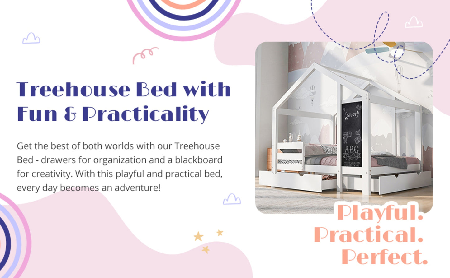 US Local Twin House Bed With Blackboard And Drawers, Two Assembly Options, White