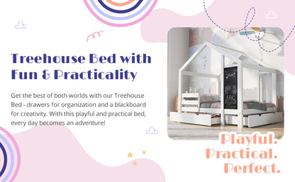 US Local Twin House Bed With Blackboard And Drawers, Two Assembly Options, White