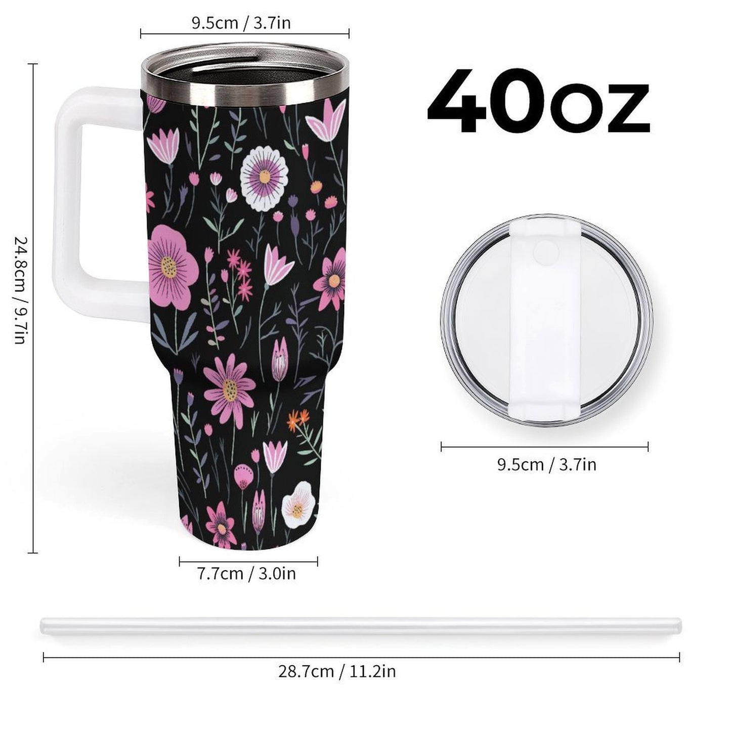 PHDT00211 POD US Local Tumbler 40oz Large Capacity Car Cup Flower Branches, Pink, Black
