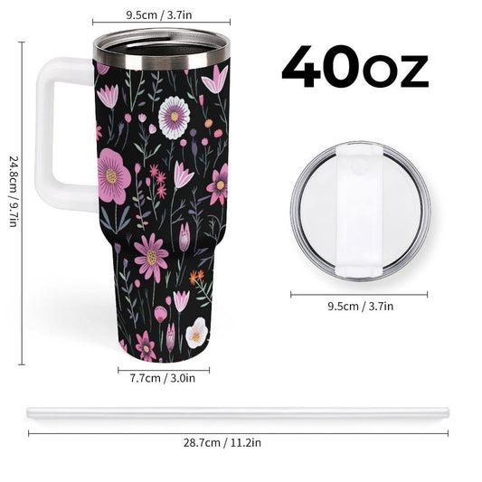 PHDT00211 POD US Local Tumbler 40oz Large Capacity Car Cup Flower Branches, Pink, Black