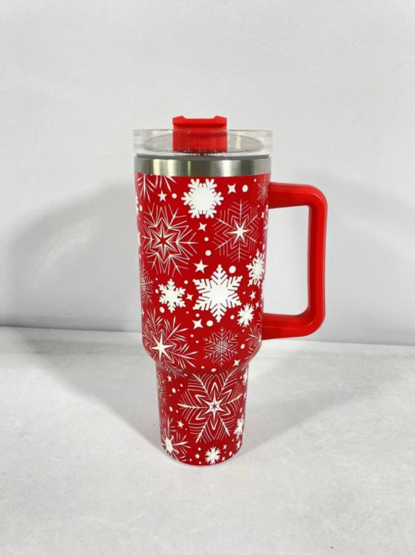Christmas Pattern Mug With Handle Lid Straw Drinkware Stainless Steel Vacuum Tumbler Large Capacity Car Travel Coffee Cup
