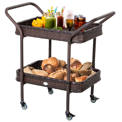 US Local Rattan Wicker Outdoor Kitchen Trolley, Rolling Serving Cart With 2 Tray Shelves, Brown