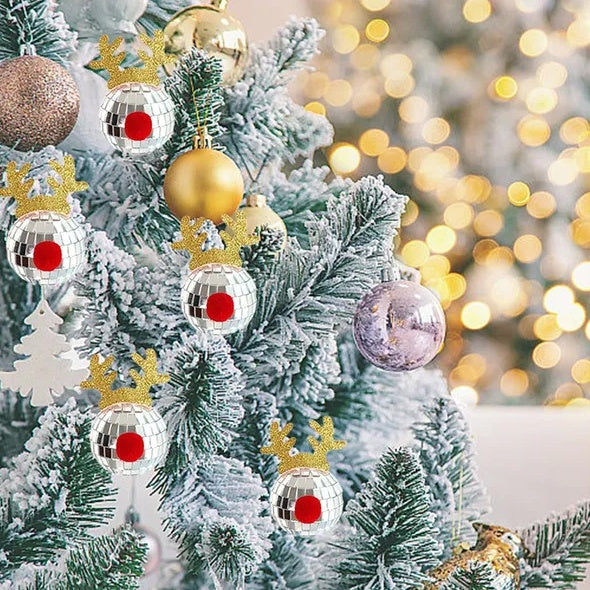 US Local 5PCS Disco Mirror Elk Horn Christmas Ball Silvery Xmas Tree Decoration Reflective Hanging Disco Balls Decor For Christmas Holiday Wedding Birthday Disco Party Ornament Supplies