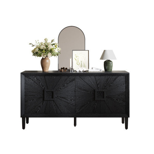 US Local 60'' Premium Rustic American Farmhouse Credenza - Symmetrical Sunburst Door Design, Heavy-Duty Antique Wood TV Stand With Adjustable Shelves, Storage Cabinet For Living Room Kitchen  Antique Natural