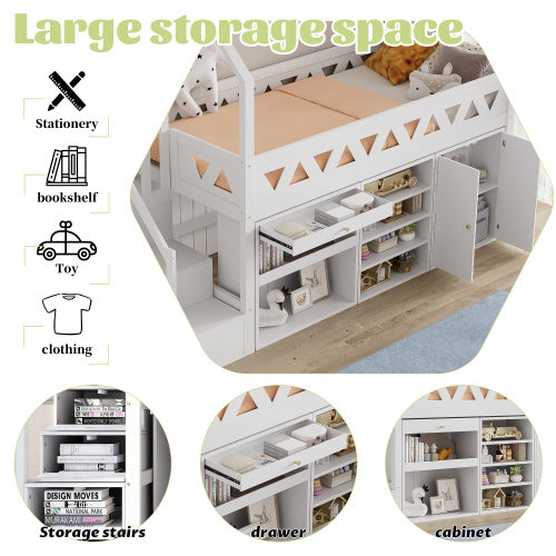 UK Local Children's Single Bed With Slide & Stairs - Multifunctional Solid Wood Bed Frame With Storage Drawers, Magnetic Locker Door - White  90x190cm, No Mattress Included, UK Single Size