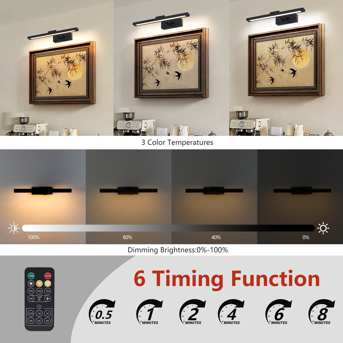 US Local Picture Light Battery Operated With Remote, LED Black Art Lights For Paintings Rechargeable Dimmable And Timer, 16in Wall Sconce For Art Painting Gallery Adjustable Swing Arm For Display