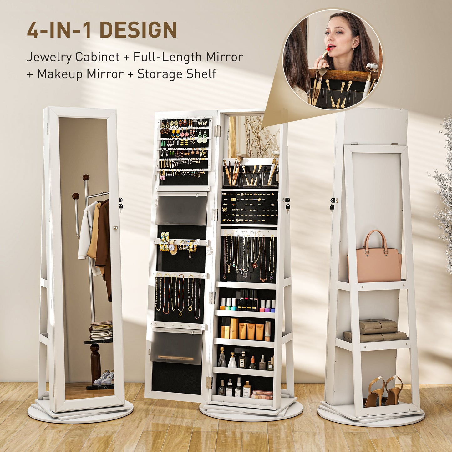 US Local Jewelry Armoire, Lockable Jewelry Cabinet With Full-Length Mirror, Storage Shelves, White