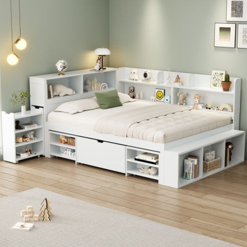 UK Local Children's Bed, Double Bed-4ft6  135x190cm  Multifunctional Children's Bed With Drawers, Bookcase And Storage Cupboard, Large Storage Space, Slatted Frame, Without Mattress, White