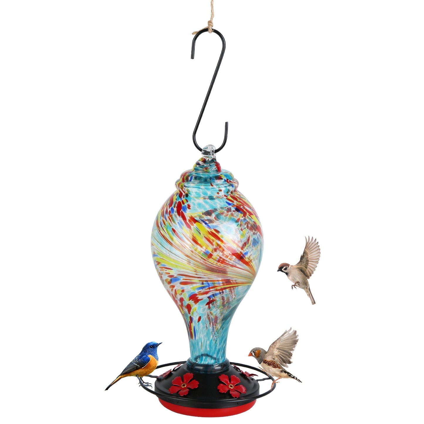 US Local 1Pc Glass Hummingbird Feeder 33OZ Hand Blown Hummingbird Feeder With 5 Flower Feeding Port Perch Ant Moat Hanging Hook S Hook Hemp Rope Cleaning Brush For Garden Decor