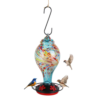 US Local 1Pc Glass Hummingbird Feeder 33OZ Hand Blown Hummingbird Feeder With 5 Flower Feeding Port Perch Ant Moat Hanging Hook S Hook Hemp Rope Cleaning Brush For Garden Decor